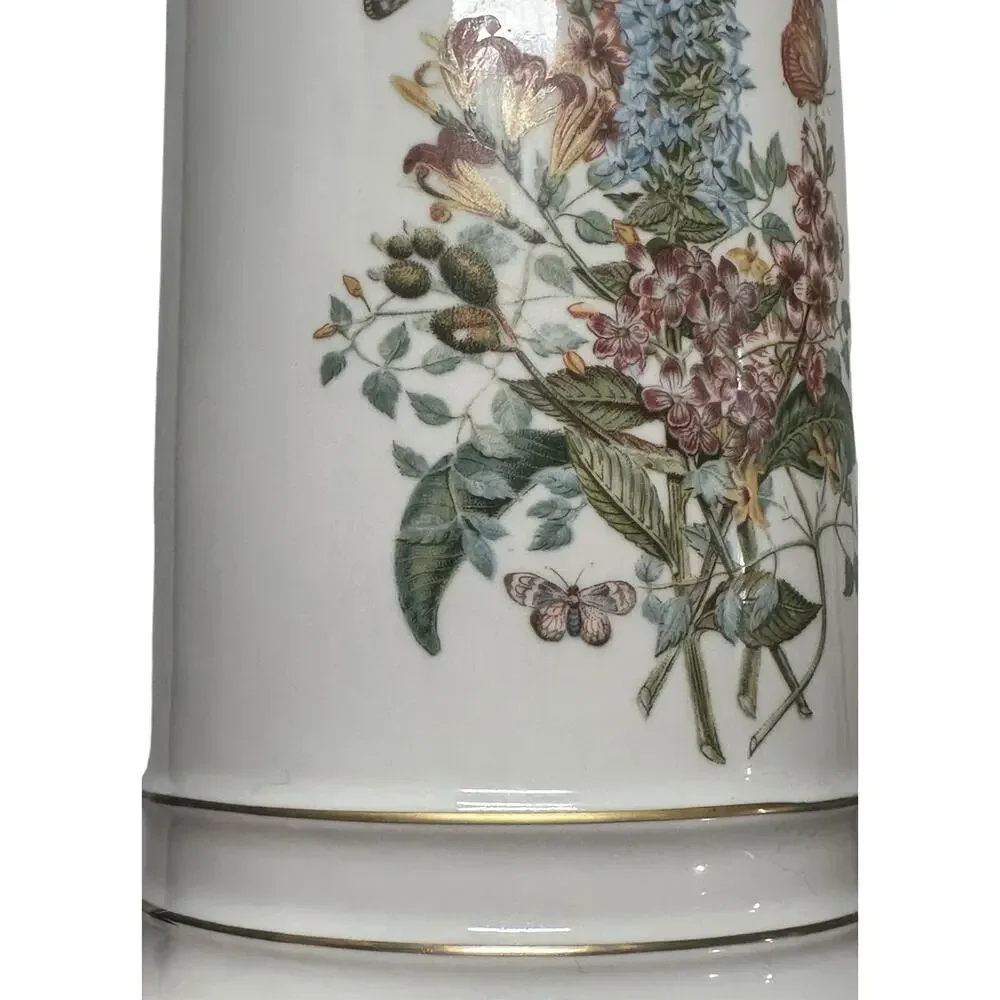 Vintage Pair White Gold Trim Ceramic Table Lamps With Floral Birds Butterflies